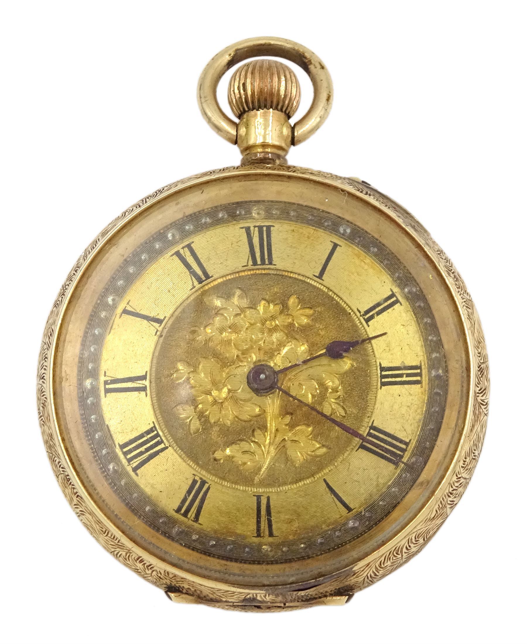 Early 20th century 14ct gold open face ladies keyless cylinder fob watch stamped 14K, No. 7898, gilt dial with Roman numerals, back case with engraved and engine turned decoration and central cartouche, in velvet and silk lined case