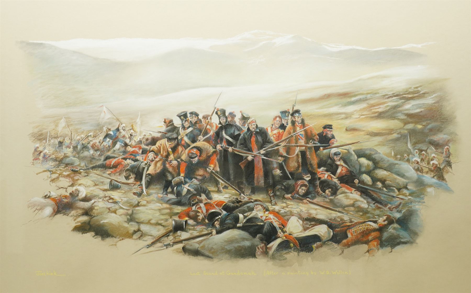 Joel Kirk (British 1948-) after William Barns Wollen (British 1857-1936): 'The Last Stand at Gundermuck', pastel signed and titled 53cm x 83cm