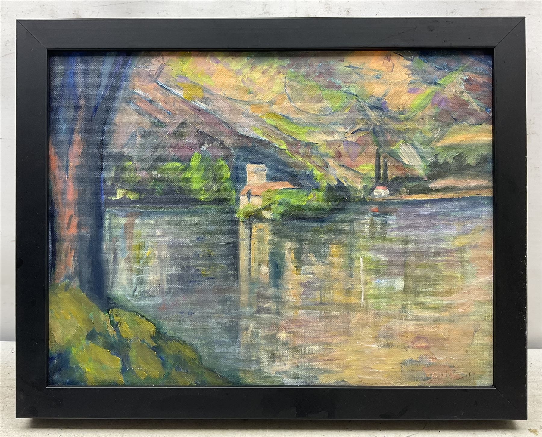 After Paul Cézanne (French 1839-1906): 'The Lac d'Annecy', 20th century oil on canvas indistinctly signed and dated 2019, 29cm x 39cm 