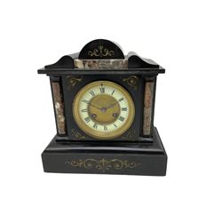 A Belgium slate and marble mantle clock c1890, with an eight-day French striking movement, case with inlaid contrasting marble and gold incised decoration, with a two-part dial with a gilt centre and ivorine chapter, Roman numerals, minute markers and steel fleur de Lis  hands, movement striking the hours and half hours on a coiled gong. With pendulum.



