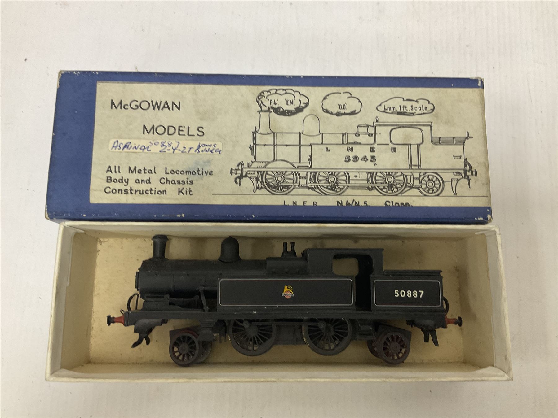 ‘00’ gauge - three kit built steam locomotives comprising GER Class S69/B12 4-6-0 no.1510 finished in GER blue, with McGowan Models box; Aspinall Class 1008 2-4-2T no.50887 finished in BR black, with McGowan Models box; MR/LMS Class 1P 0-4-4T no.1268 finished in LMS black with Craftsman Models box (3) 