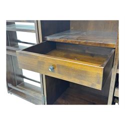 Laura Ashley - contemporary 'Garret' birch and dark chestnut finish bar cabinet, rectangular top with fold-out sides, double front doors enclosing shelving, wine racks, and glass storage, built-in stemware racks and bottle compartments, raised on plinth base