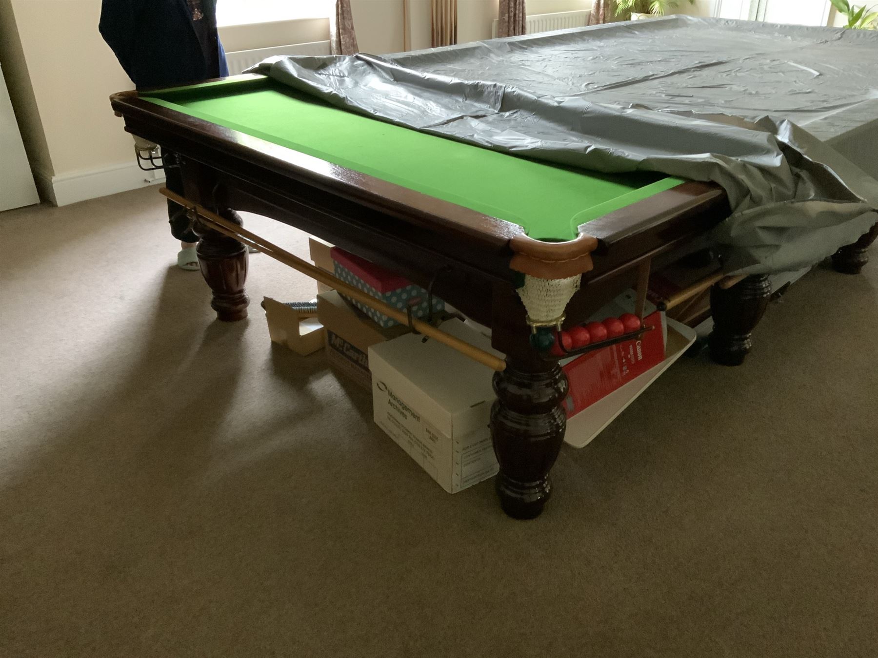 Riley full size slate bed billiard table, with balls, cues and light