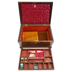 Victorian rosewood sewing box inlaid with mother of pearl, the interior with lift out tray, gadrooned border and compressed bun feet 30cm x 20cm 