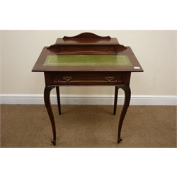  Edwardian mahogany desk, raised back with pen well. green leather inset top, single drawer, acanthus carved cabriole legs, W76cm, H87cm, D48cm  