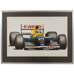 Four Formula 1 racing prints by Nik Curry, including a signed limited edition example, all within silver frames, H38cm, W59cm