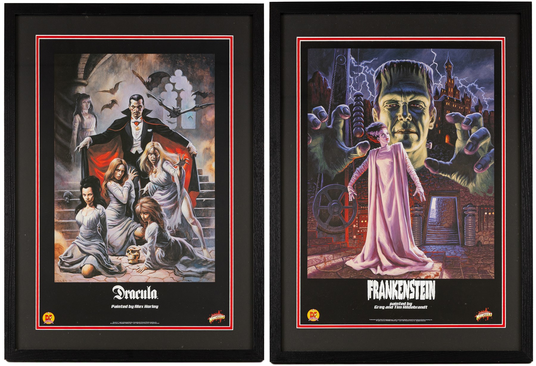 Two limited edition Dynamic Forces art prints, Dracula and Frankenstein, both framed H47cm