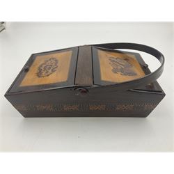 19th century rosewood Tunbridge Ware basket, of rectangular form with curved bentwood handle, and twin hinged sloping covers, lifting to reveal paper lined interiors, not including handle H5.5cm D10.5cm L18cm