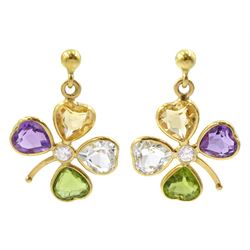 Pair of 18ct gold peridot, amethyst, citrine and topaz, four leaf clover pendant stud earrings, stamped 750