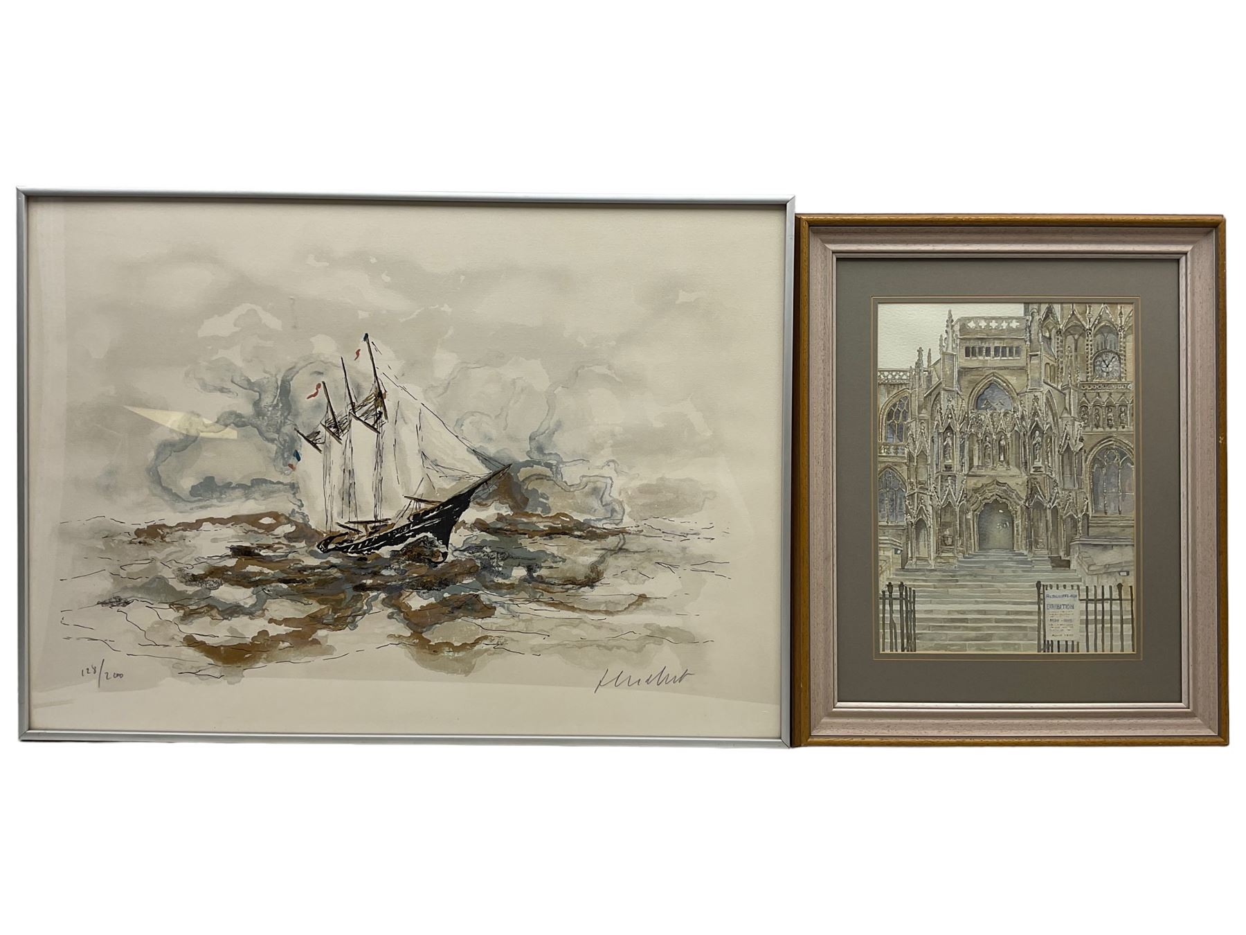 Urbain Huchet (French 1930-): 'Les Trois Mats', limited edition print signed and numbered 128/200 in pencil 53cm x 75cm; Cathedral Exterior, watercolour unsigned 35cm x 25cm; Sailing Boat on the Avon, 19th century oil on canvas unsigned 26cm x 36cm; together with three further pictures (6)