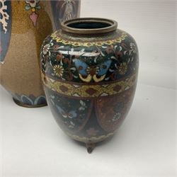 Pair of Japanese cloisonne Koro, decorated with colourful flower head motifs and raised on three feet, missing covers, together with a cloisonne vase, vase H30cm