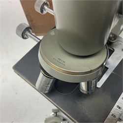 Four microscopes, including Cooke, Troughton & Simms no M467926, W Watson & Sons no 114758, W & J George & Beck Ltd no 36649 and one other 