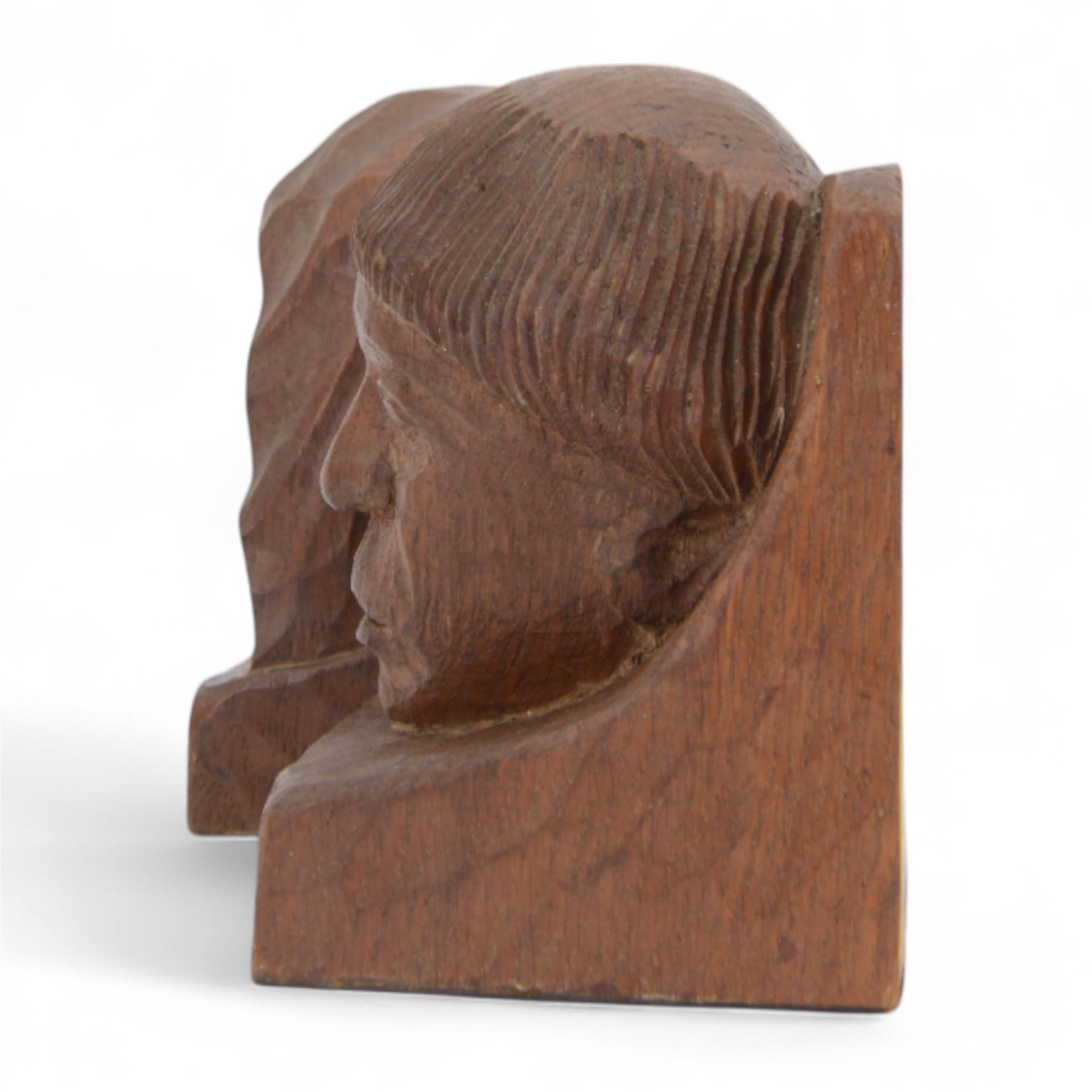 Gnomeman - pair of tooled oak figural bookends, each carved as a friar, with adzed detailing, one example signed to the back with a gnome in relief, by Thomas Whittaker, Littlebeck, each approximately H14.5cm
