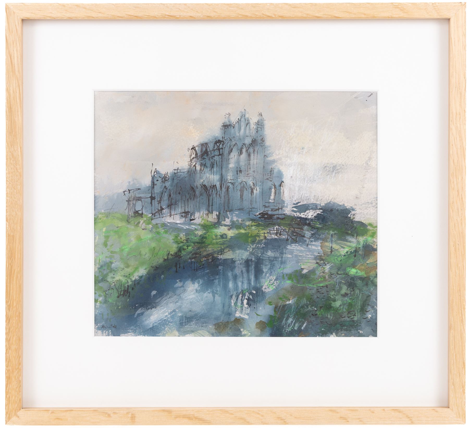 Stephen Todd (Northern British Contemporary): 'Whitby Abbey' - Early English Gothic, gouache pastel graphite and India ink signed, titled verso 23cm x 27cm