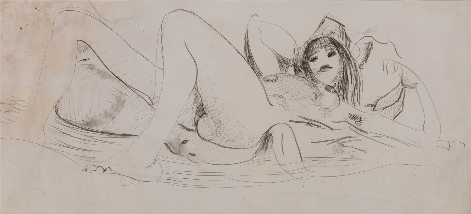Attrib. Nina Hamnett (Welsh 1890-1956): Reclining Nude, ink on paper 17.5cm x 39cm; Rupert Lee (British 1887-1959): Bird Study, pencil on paper signed, unglazed. The Court Gallery label verso 12cm x 20cm (2)