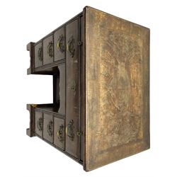 Georgian walnut kneehole desk, moulded rectangular top with book-matched veneers within crossbanding, fitted with slide over one long drawer, frieze drawer, six small drawers and recessed cupboard, raised on bracket feet