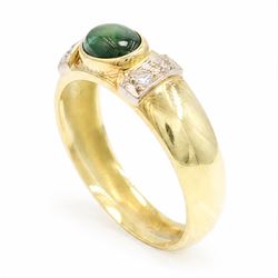 18ct gold tourmaline and diamond ring, bezel set single oval cut tourmaline, with two single cut diamonds set either side, stamped 