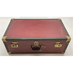 A Vintage red canvas and metal mounted travel trunk/case, H29cm L76cm D46cm. 