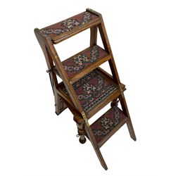 19th century oak metamorphic library steps and chair, panelled back with turned spindles over plank seat with turned front supports, the hinged seat folding forward, the steps inset with carpet treads  