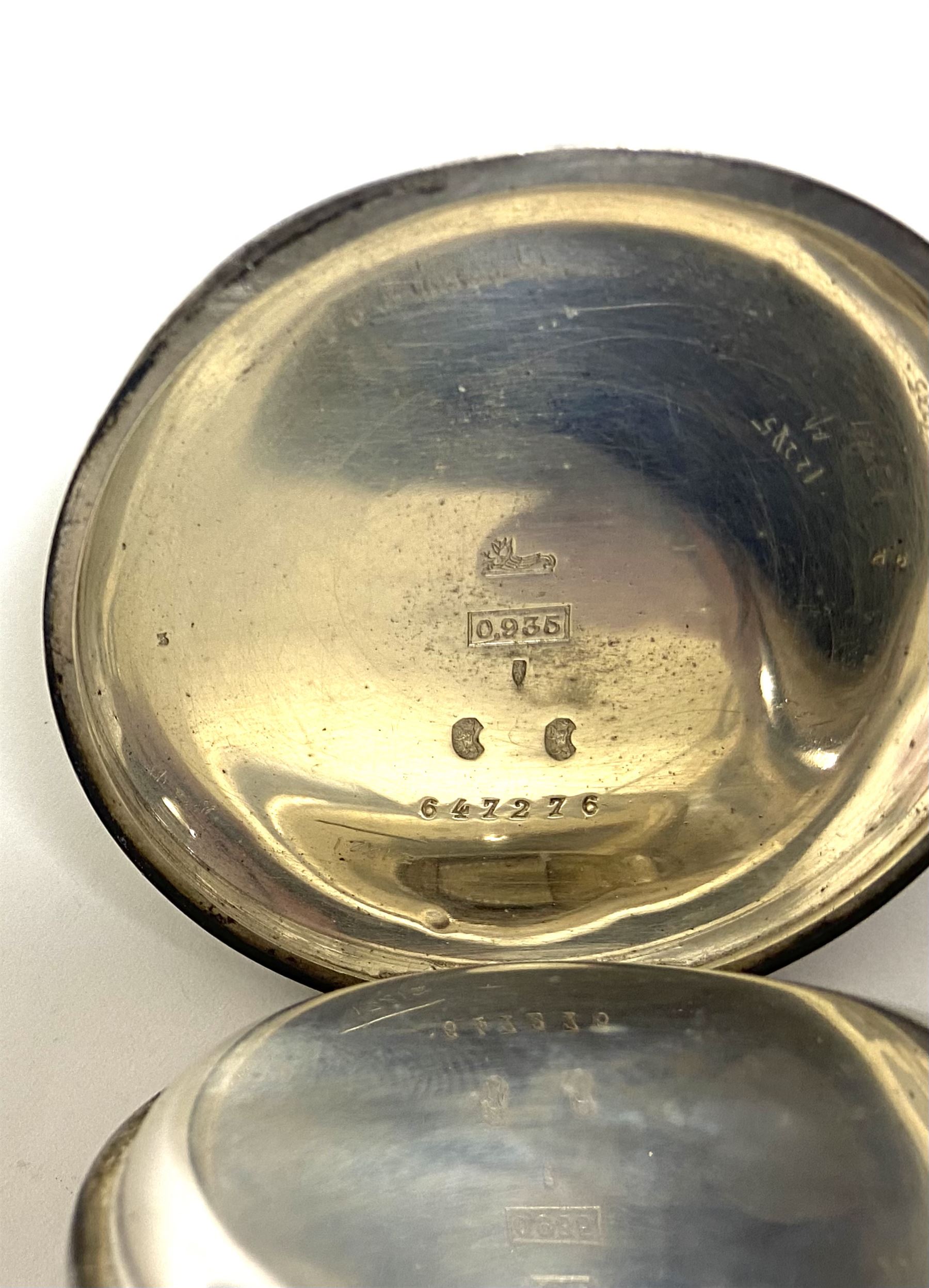 19th century Swiss silver open face keyless chronograph pocket watch by P. Orr & Sons, Madras, white enamel dial with Roman numerals, centre seconds and thirty minute recording dial, over constant seconds outer minute ring, case No. 647576, Swiss hallmarks