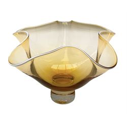 Gillies Jones orange glass bowl with crimped white rim upon a pedestal foot, H11.5cm