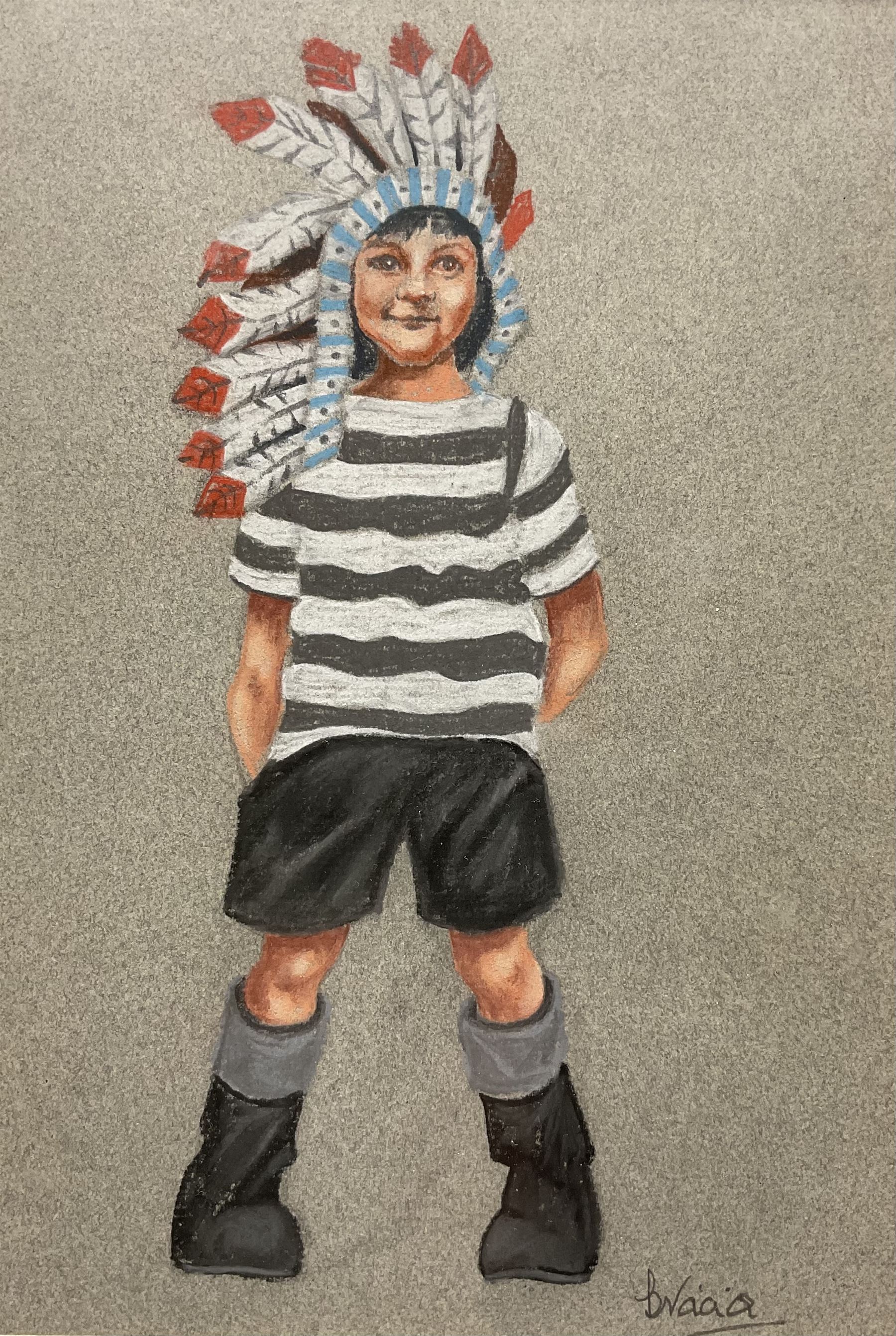 Brian Shields 'Braaq' (Northern British 1951-1997): Self Portrait as a Young Boy with Native American Headdress, pastel signed 24cm x 16cm