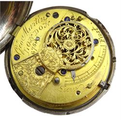 19th century silver full hunter verge fusee pocket watch by George Martin, London, No. 6756, round pillars, pierced and engraved balance cock decorated with a mask, white enamel dial with Roman numerals, case makers mark J A T, London 1830