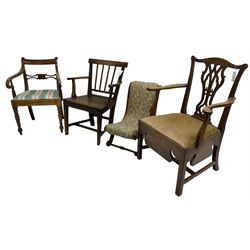 George III walnut elbow chair, bar back over upholstered drop-in seat, scrolled down sweeping arms, on turned front supports (W59cm, H84cm); George III mahogany commode elbow chair, shaped cresting rail over pierced Gothic splat, hinged seat revealing commode, on moulded square supports united by H-shaped stretchers; 19th century country elm elbow chair, rectangular bar back over vertical moulded rails,  plank seat, on square tapering supports united by H-shaped stretchers; Victorian mahogany child's chair, S-scroll form upholstered in foliate pattern fabric (4)