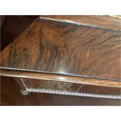 Early 19th century rosewood and brass inlaid tea caddy, of sarcophagus form, the front and hinged opening cover inlaid with brass scrolling panels, opening to reveal a compartmented interior with twin removable boxes with conforming inlaid brass detail to the hinged covers and zinc lining to the interiors, flanking a later glass mixing bowl, the whole upon four turned cylindrical feet, H21cm W36cm D20cm