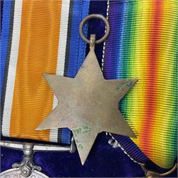 WWI pair of medals comprising British War Medal and Victory Medal awarded to 12-1379 Pte. H. Marshall York and Lanc. R.; both with ribbons in display case; and WWII 1939-1945 Star