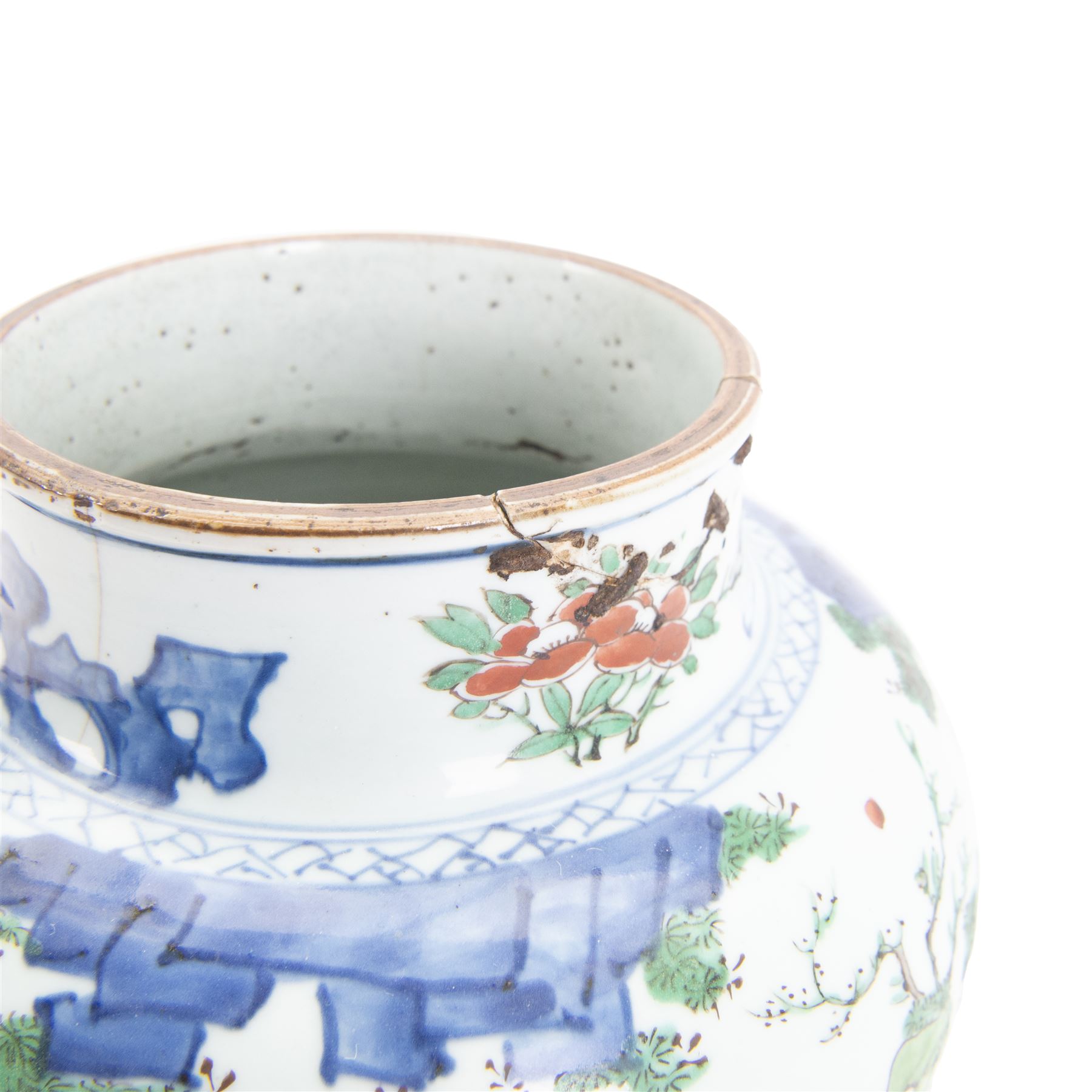 17th century Transitional period Chinese Wucai vase and cover, of baluster form, the body painted with ladies upon a terrace, and figures upon horseback and attendants within a fenced garden, the domed cover with knop finial painted with boys at play, H37cm
