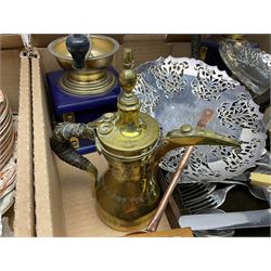 Brass middle Eastern coffee pot, part canteen cutlery, AA badge, Royal Vale teawares, other ceramics etc in two boxes