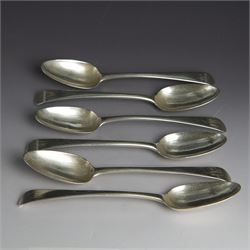 Set of six George III silver Old English pattern dessert spoons, each engraved with monogr...