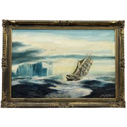 Peter Gerald Baker (British 20th century): 'Dangerous Waters' Ship Nears Iceberg near Cape Horn, oil on canvas signed and dated '77, labelled verso 60cm x 90cm