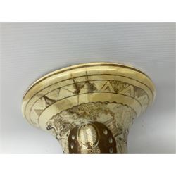 Pair early 20th Century Japanese floor vases of ovoid form, painted with warriors and elders within geometric designs and gilding, H61cm