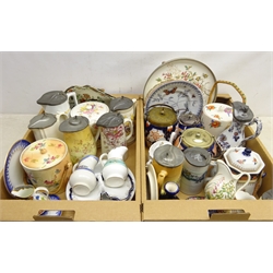  Collection of Victorian and later jugs with pewter lids, Imari pattern and other biscuit barrels, milk jugs, galleried tray and other ceramics   