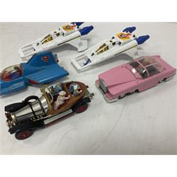 Corgi - seven unboxed and playworn TV/Film related die-cast models including Chitty Chitty Bang Bang with all four figures, Batmobile with both figures, Lady Penelope's FAB 1 with both figures, Superman Supermobile, two Buck Rogers Starfighters and The Saint's Volvo P.1800 (7)