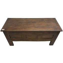 Large 18th century oak coffer or chest, rectangular hinged top with moulded edge, over panelled sides with moulded rails, raised on stile supports