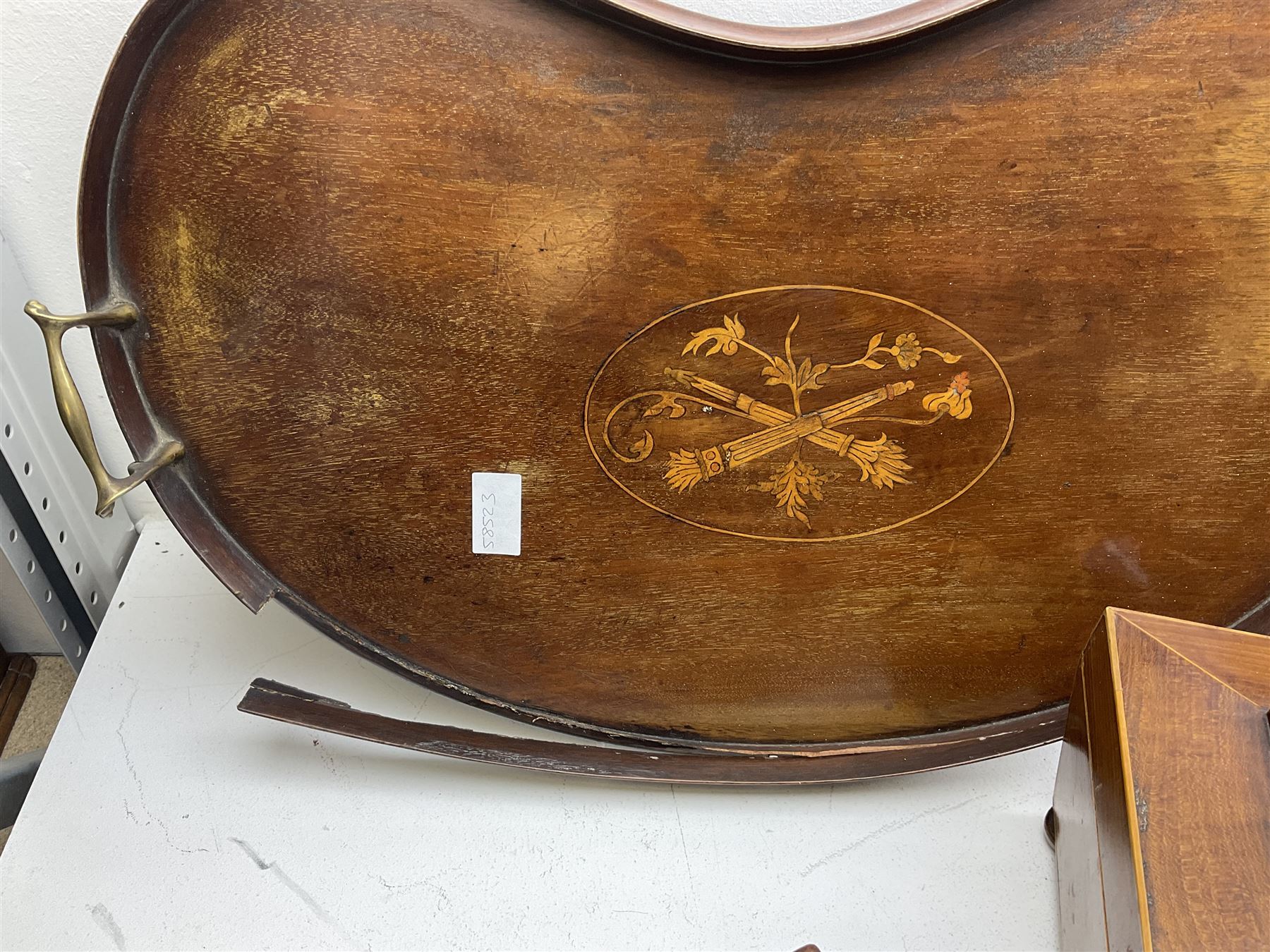 Three 19th century wooden boxes, to include a sewing box of sarcophagus form upon compressed bun feet, plus a mahogany twin handled kidney shaped tray, in one box