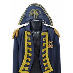Lord Nelson costume, including hat, jacket and medals, on a black plastic male mannequin