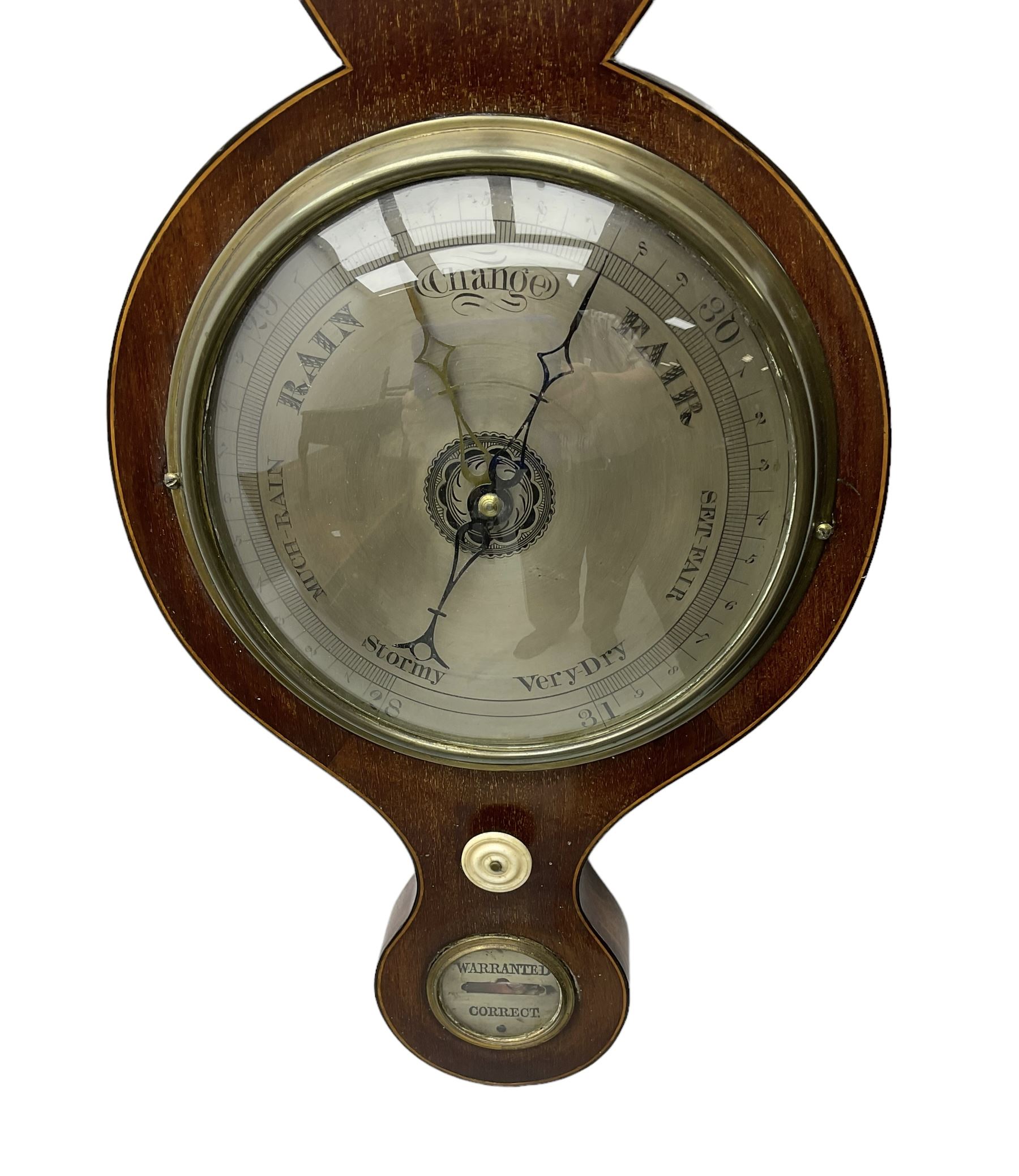 19th century  - mahogany five glass wheel barometer, with an 8” silvered dial and cast brass bezel, flat topped pediment and round base, with hydrometer, spirit thermometer, butlers mirror and level bubble, syphon tube and counterweights intact, mercury present.