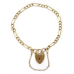  9ct gold figaro chain link bracelet, heart shaped lock hallmarked  