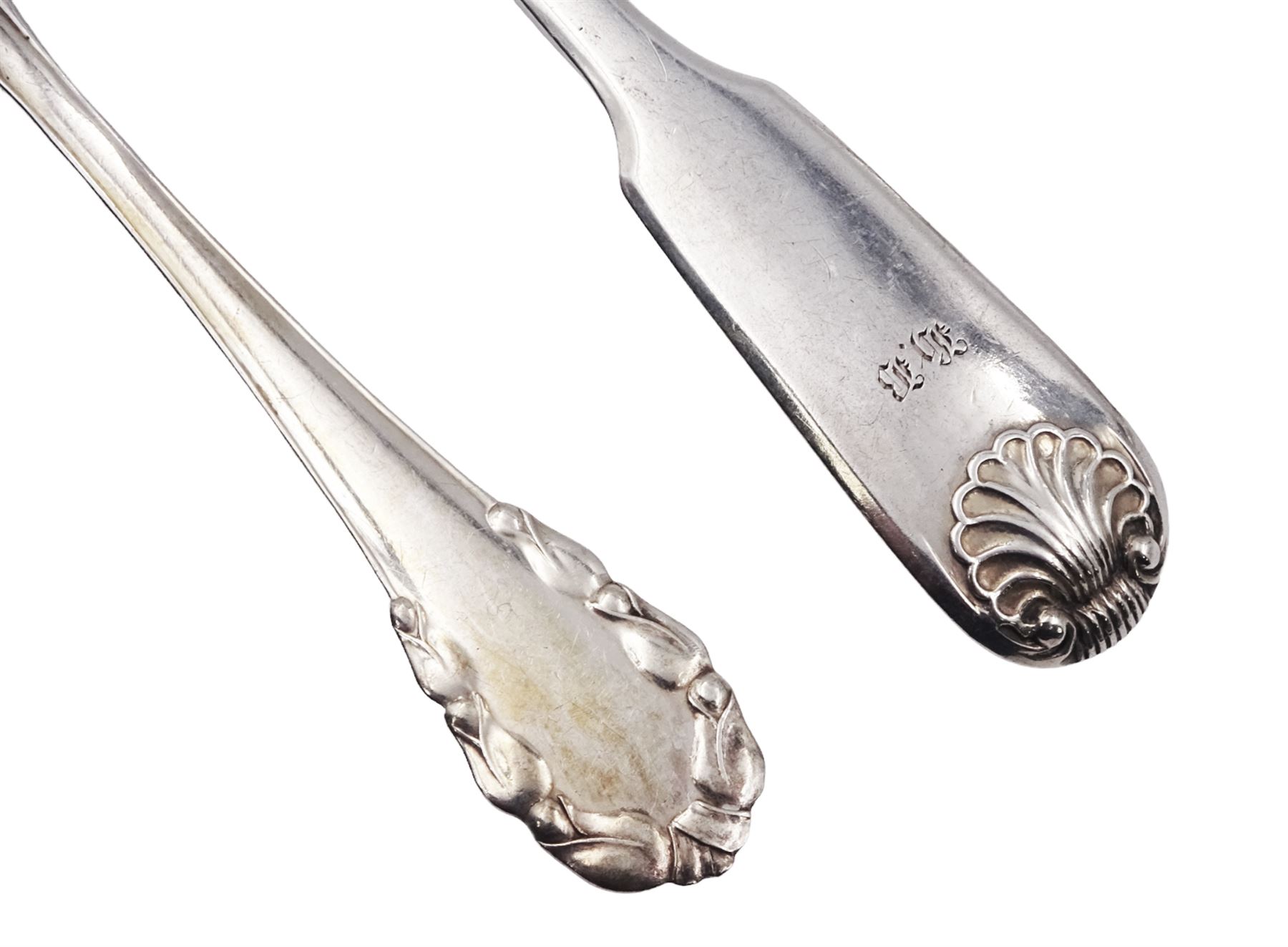 Set of six Victorian silver Fiddle Shell pattern teaspoons, hallmarked William Eaton, London 1841, together with a set of six George Jensen silver coffee spoons, hallmarked Stockwell & Co, London import 1924, 1925, 1928 and 1931, also marked with George Jensen mark circa 1910-1925, and stamped 925S, and a mid 20th century silver napkin ring, hallmarked Charles S Green & Co Ltd, Birmingham 1957, approximate total weight 7.66 ozt (238.2 grams)