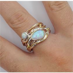 Silver and 14ct gold wire two stone pear shaped and round opal openwork ring, stamped 925 