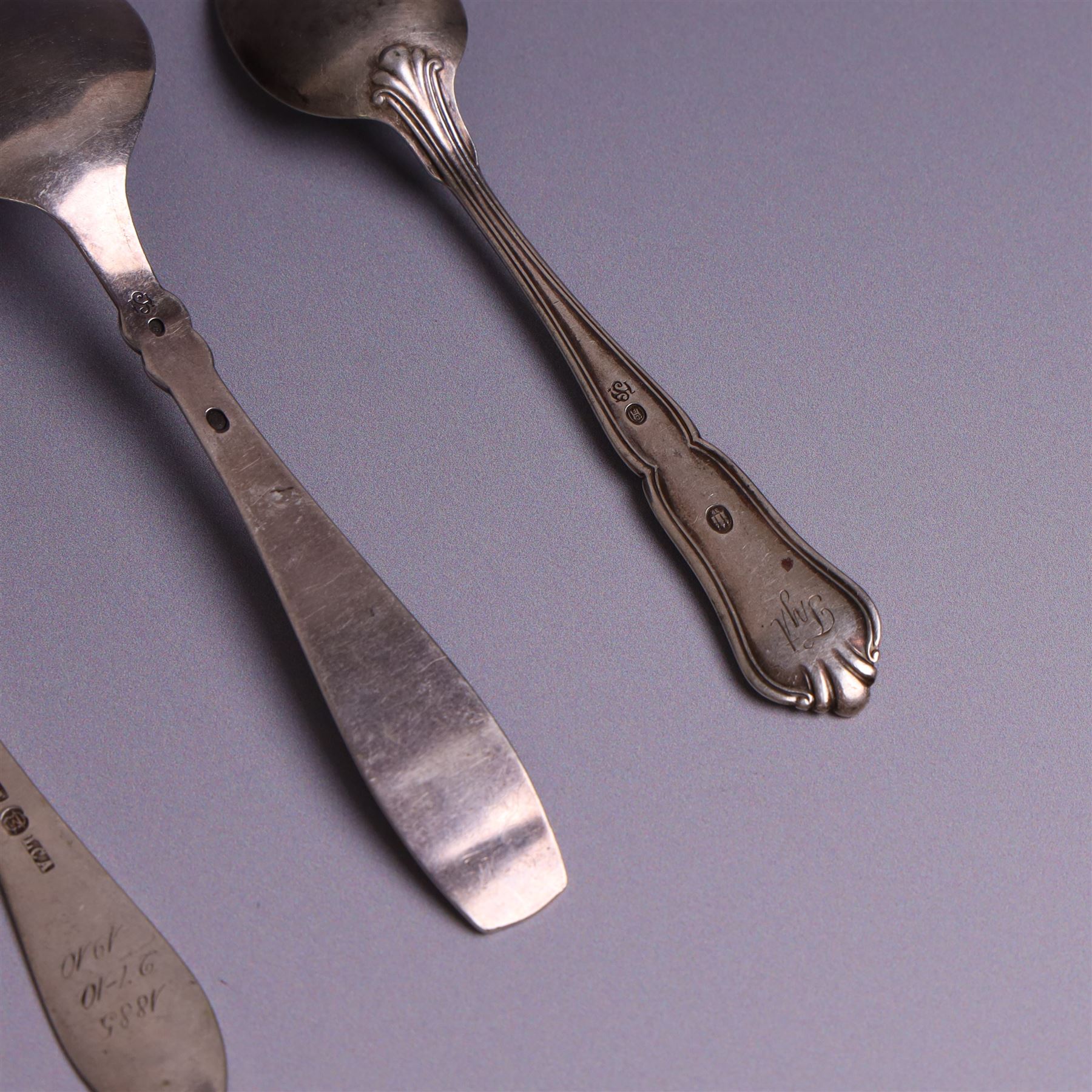 Collection of continental silver spoons, including set of six enamel demitasse spoons, stamped 925 and two enamel year spoons one by Arne Hansen, the other by Anton Michelsen