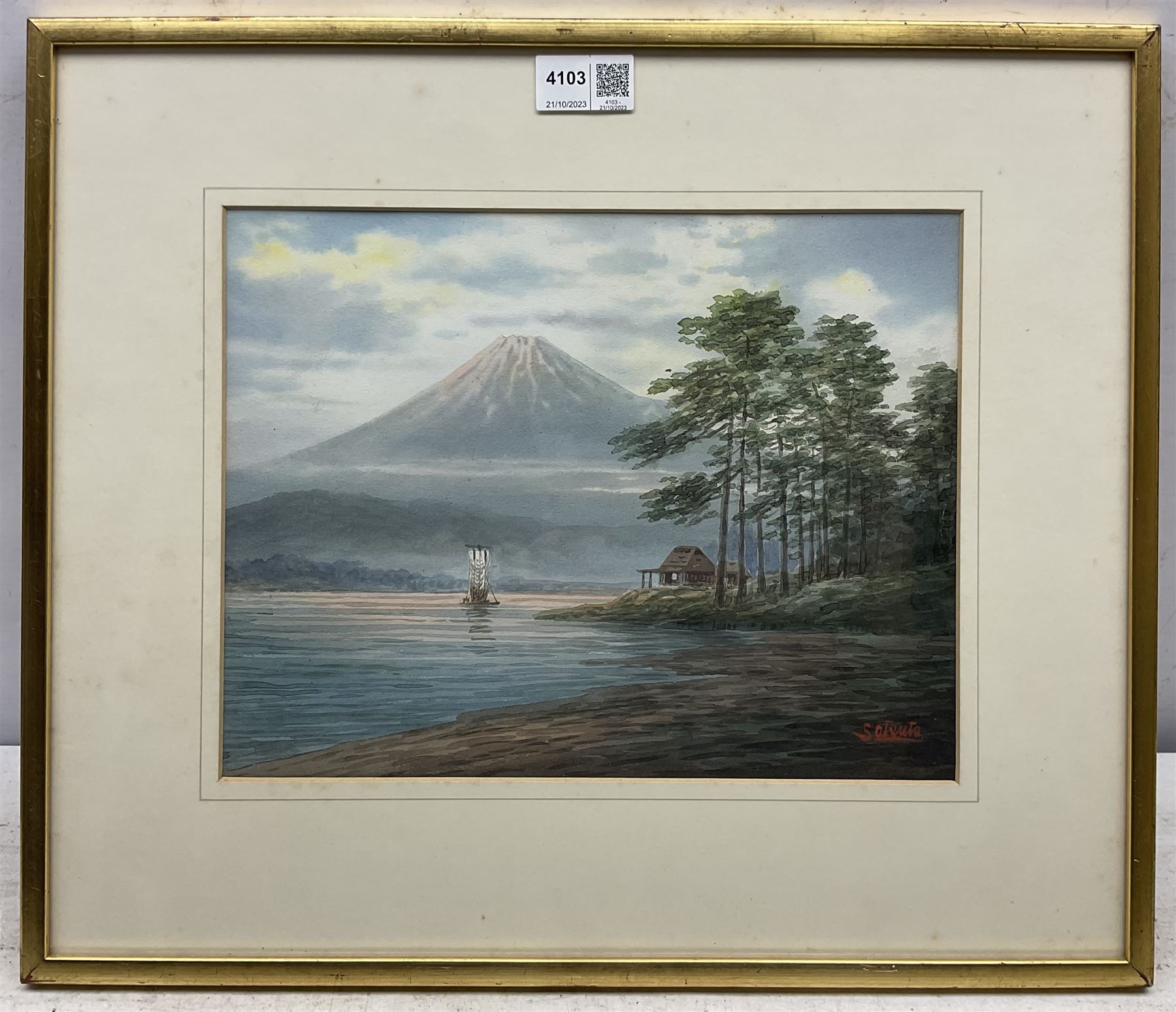 Emiko Satsuta (Japanese early 20th century): Boat beneath Mount Fuji, watercolour signed 22cm x 29cm