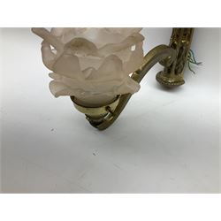 Pair of gilt metal wall sconces with glass shades modeled as flowers, together with a matching ceiling light and two glass dome light shades. 