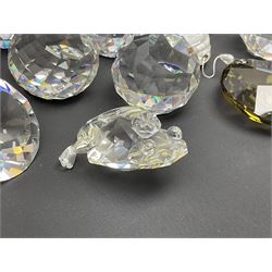 Swarovski Crystal paperweights, to include a globe with dove to the top, pyramid shapes etc, together with a large collection of boxes and stands  