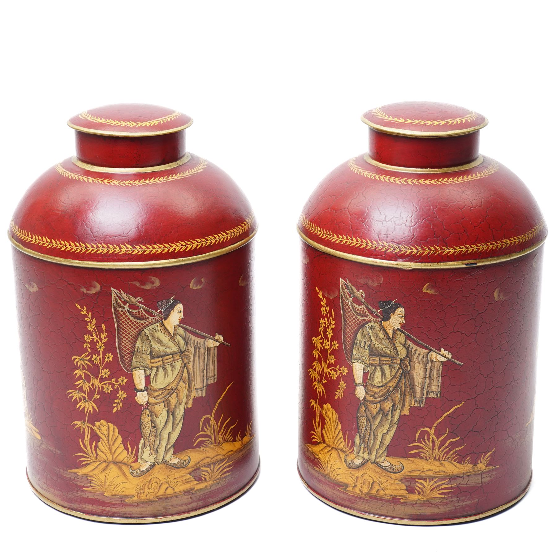 Pair of red toleware style tea cannisters, painted with fishermen, H36cm 