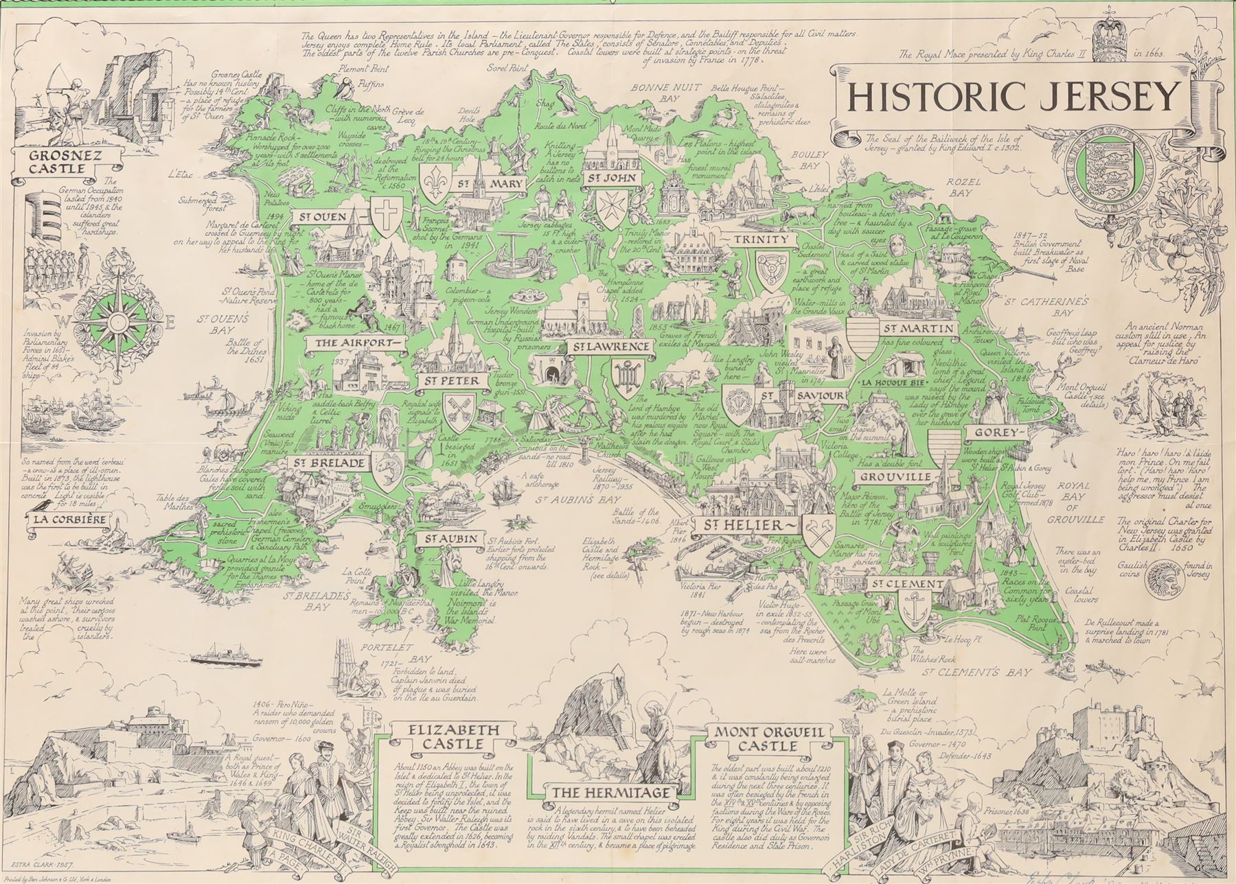 Estra Clark (British 1904-1993): 'Historic Jersey', pictorial colour map of Jersey with important events and places described pub. Ben Johnson & Co, York 1957, signed and dated '85 in pen 40cm x 56cm